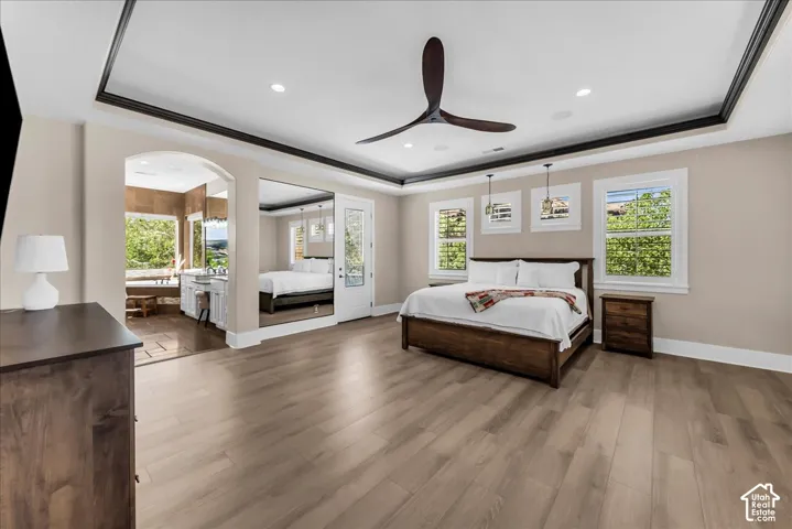 Recessed lighting, tray ceiling with dark trim, wood-finish flooring, multiple windows, and an arched doorway leading to an additional space