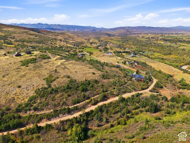 Expansive elevated terrain featuring natural vegetation, multiple building sites, and a winding dirt road