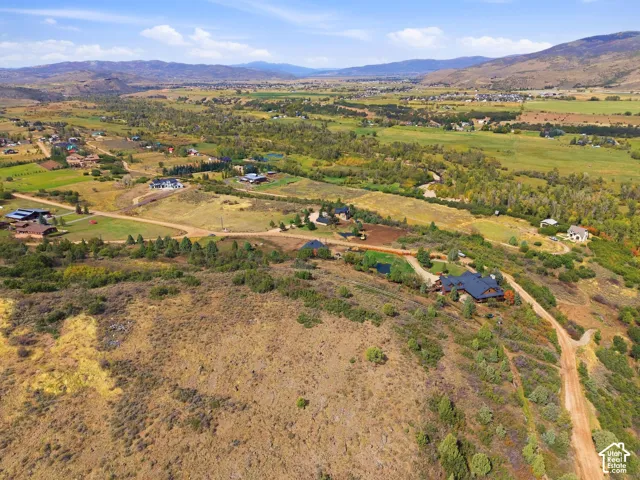 Expansive property featuring varied topography, scattered trees, and distant mountain ranges