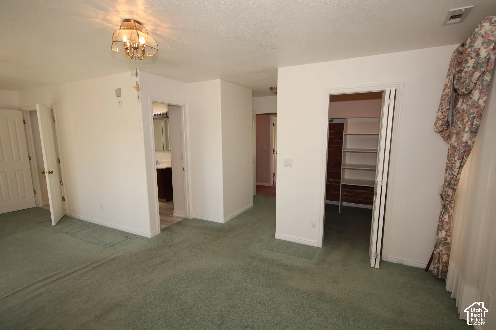 Spacious room featuring carpeting, a built-in closet with shelving, and a prominent overhead light fixture