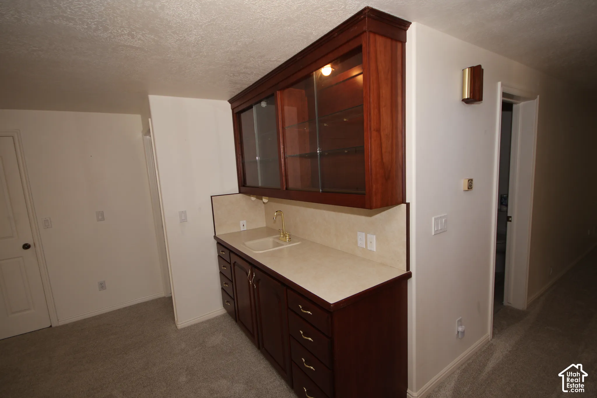 Built-in cabinetry with glass-front upper cabinets, integrated sink, and light-toned countertop