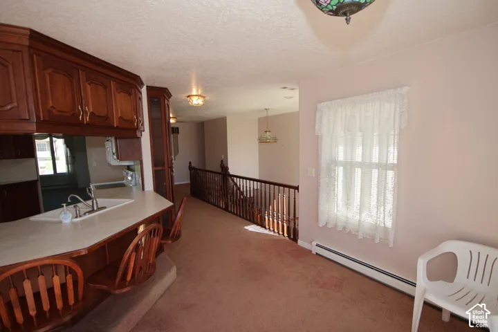 Kitchen pass-through with wood cabinetry and built-in breakfast bar