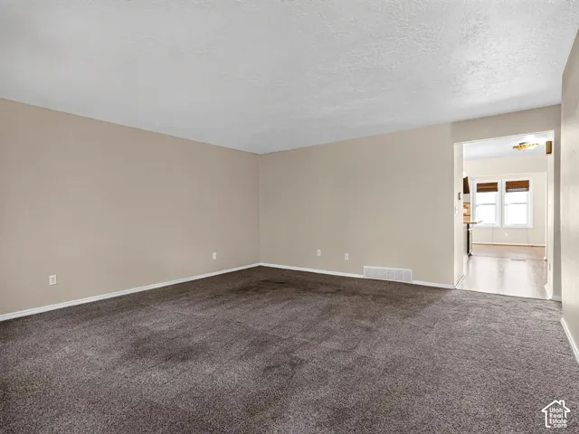 Neutral-toned walls complement the dark gray carpeting
