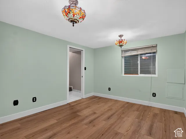 Wood-finish flooring, light green painted walls, white trim, and two stained glass-style ceiling fixtures