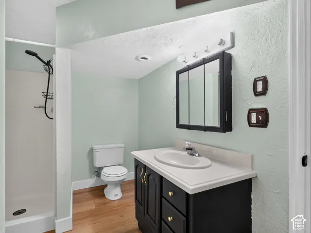Bathroom featuring a shower stall, wood-finish flooring, and a vanity with an integrated sink and storage