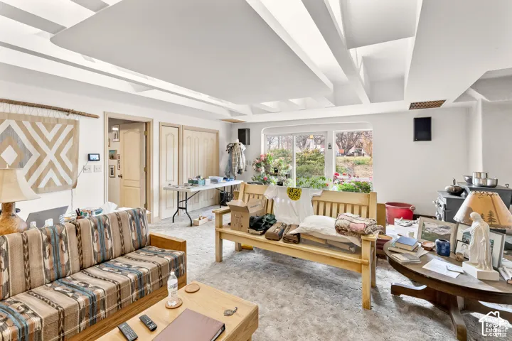 Architectural ceiling design with recessed lighting, integrated window, wall-mounted speakers, and paneled doors