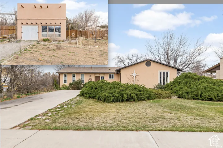 Stucco exterior with a pitched roofline, prominent front yard landscaping, and a concrete driveway