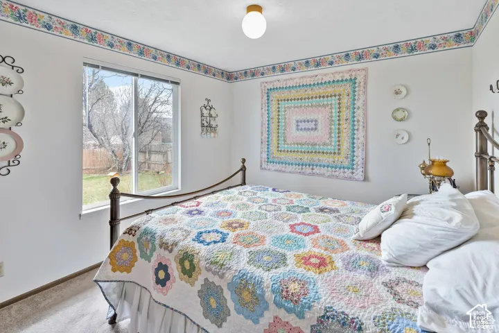 White walls with decorative border, carpeted flooring, and a ceiling-mounted light fixture
