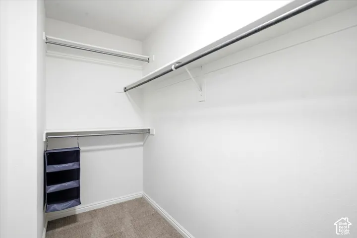 Walk-in closet with carpet flooring, white walls, and multiple clothes hanging rods