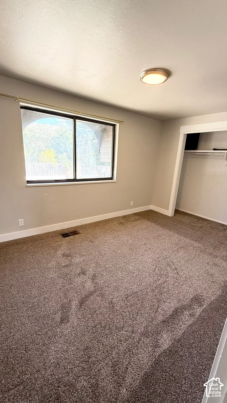 Wall-to-wall carpeting, neutral wall finishes, and a single window with a dark frame