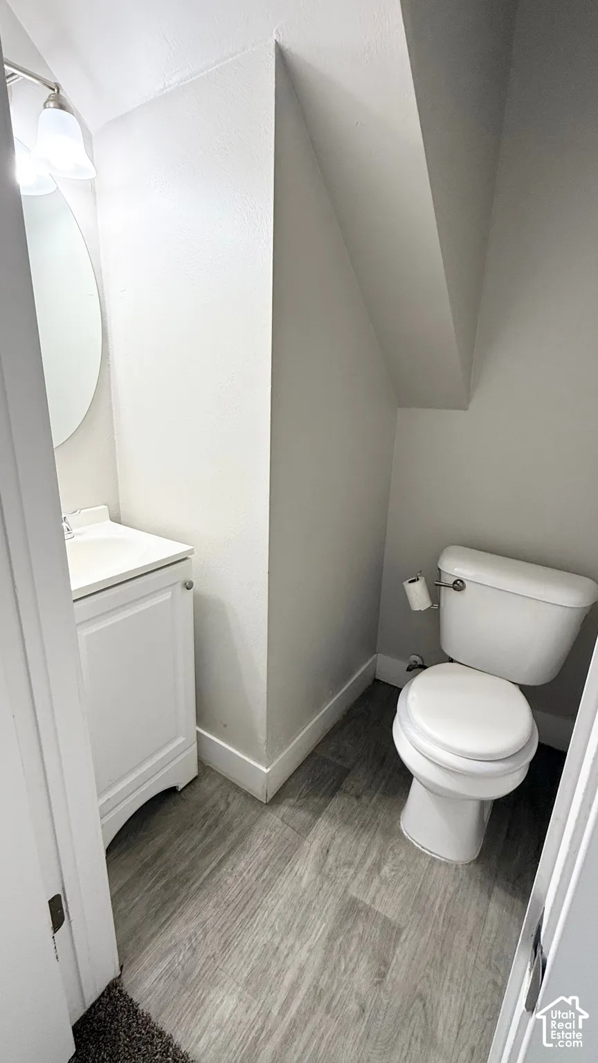 White vanity with a single basin sink, wall-mounted light fixture, and wood-finish flooring