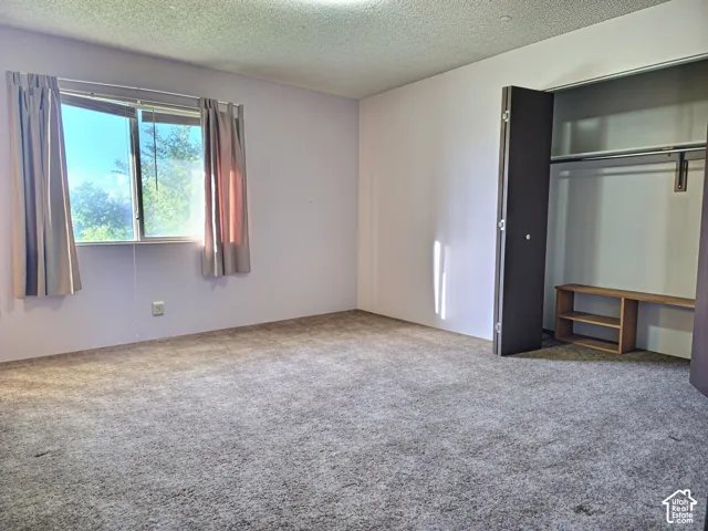 Interior space featuring neutral-toned carpeting, a sliding glass window, and a built-in closet with shelving and a hanging rod