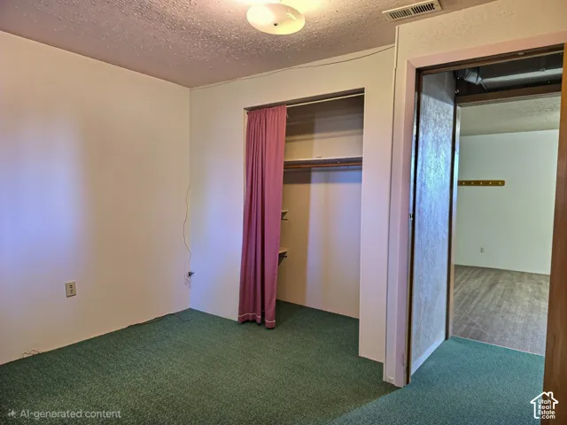 Room featuring wall-to-wall carpeting, flush-mount lighting, and a closet with a built-in shelving unit