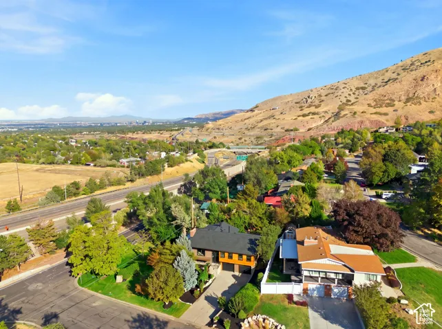 Residential properties with varied rooflines and established landscaping