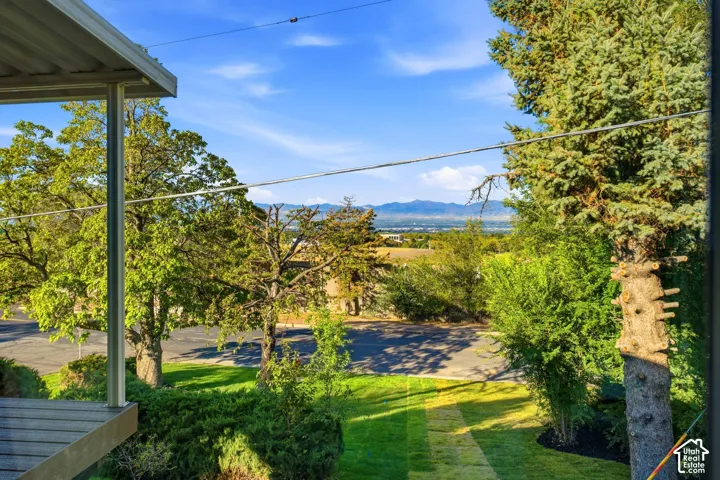Expansive lawn with mature trees and mountain scenery