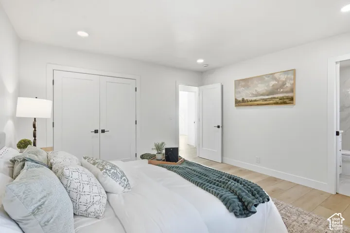 Recessed lighting, wood-finish flooring, white walls, and flat-panel doors with dark hardware