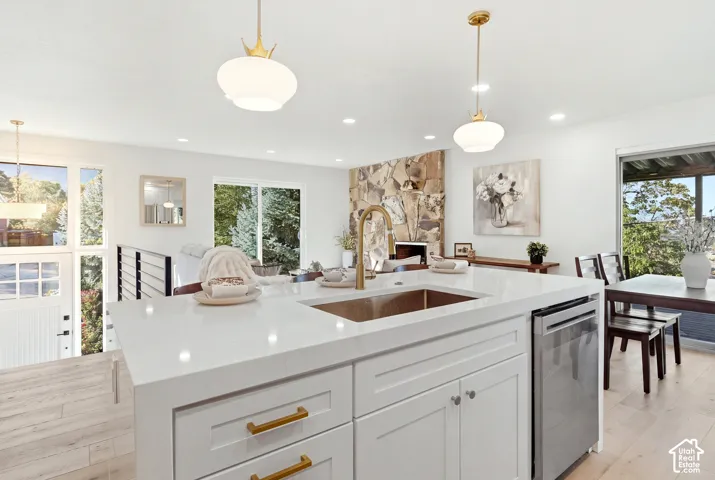Kitchen island with a white countertop and integrated sink, stainless steel dishwasher, wood-finish flooring, and recessed lighting