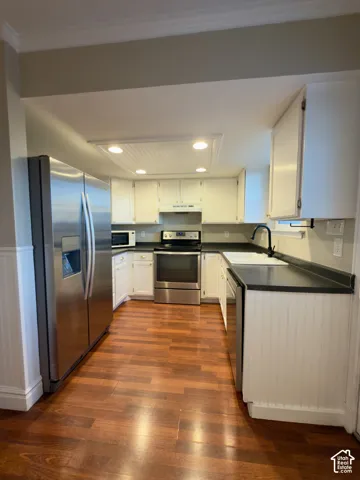 Kitchen featuring wood-finish flooring, white cabinetry, dark countertops, and stainless steel appliances-all appliances included