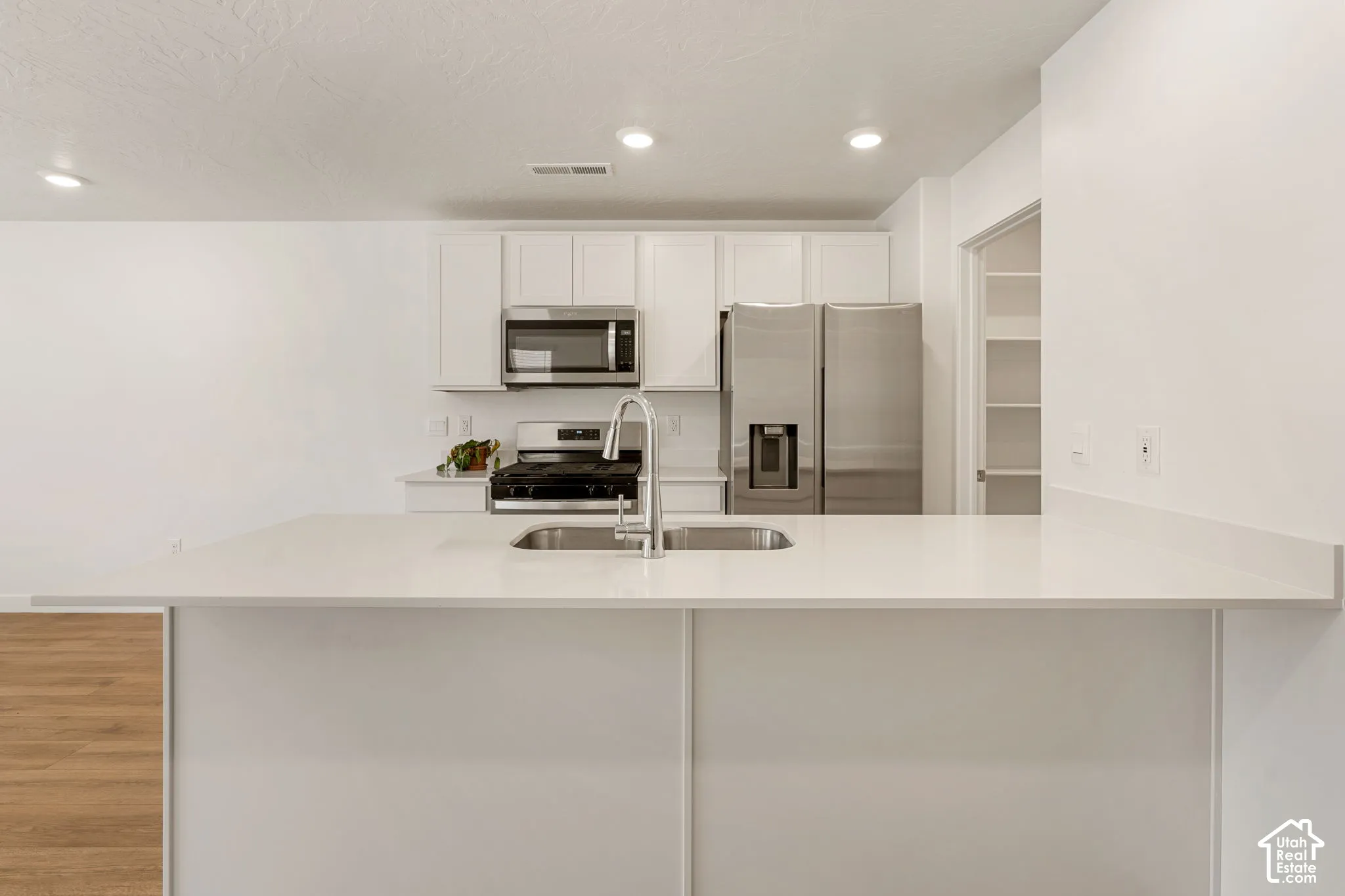 Kitchen featuring a large island with an undermount sink, stainless steel appliances, white cabinetry, and a pantry with shelving