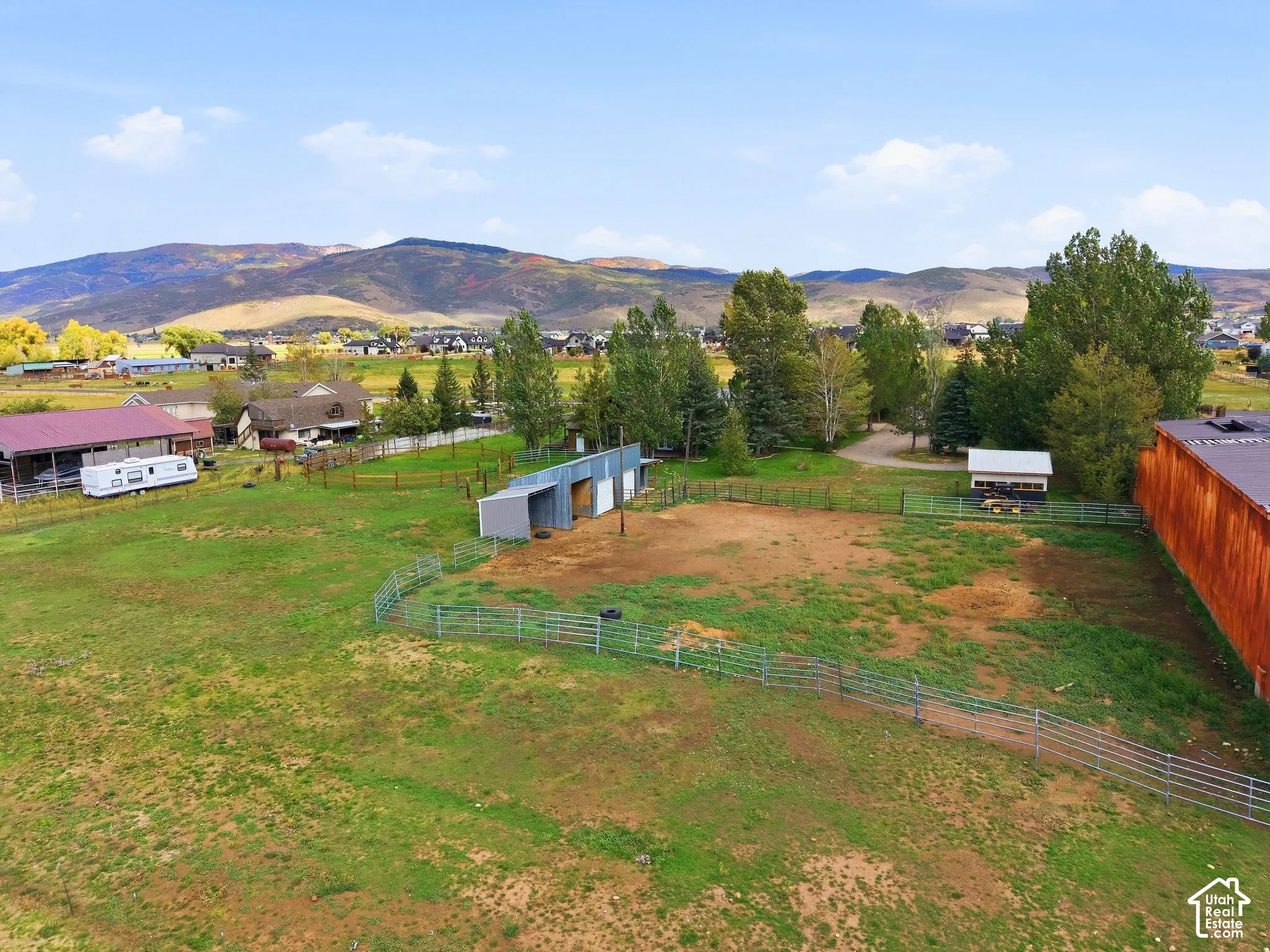 Expansive fenced pasture with multiple outbuildings and mature trees