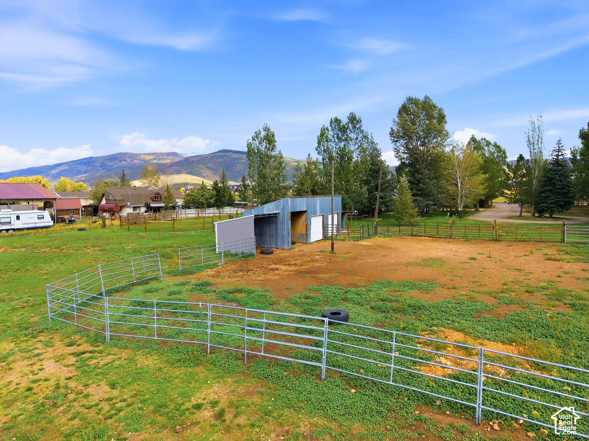 Pasture area with metal fencing, an open-sided shelter, and mature trees