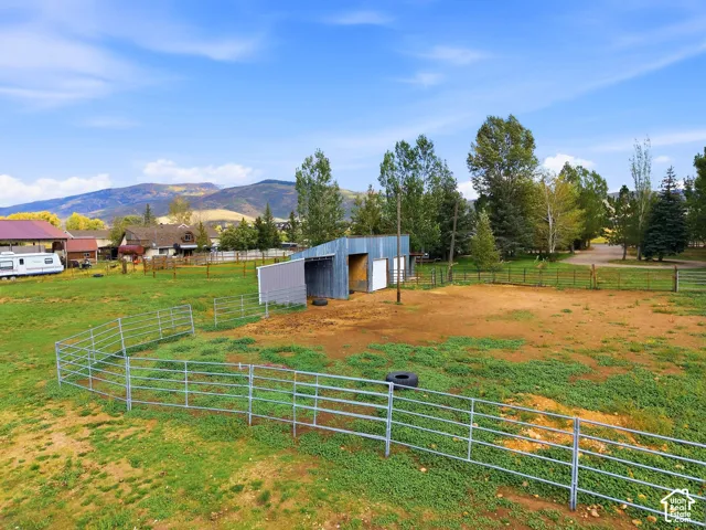 Pasture area with metal fencing, an open-sided shelter, and mature trees