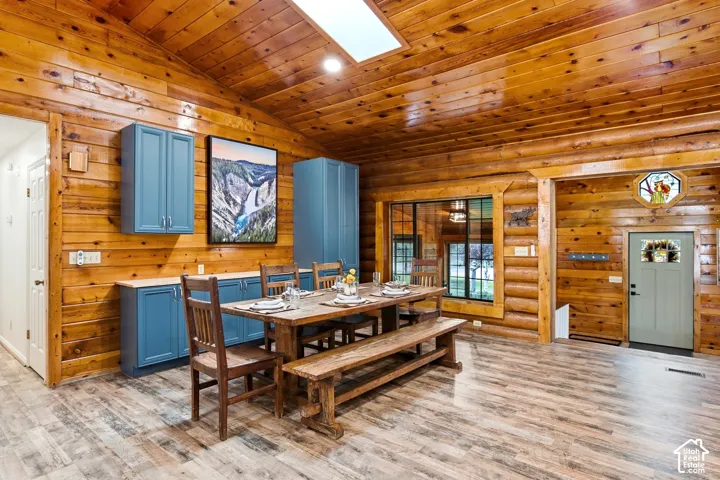 Wood-paneled walls and ceiling with a skylight and recessed lighting