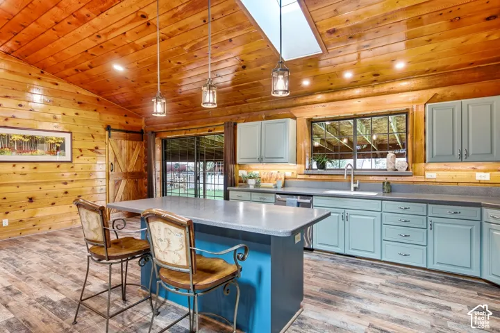 Vaulted wood-paneled ceilings with skylight and recessed lighting