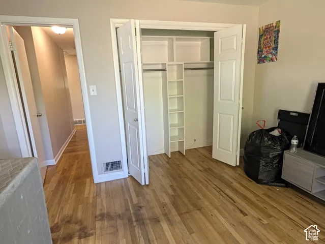Hardwood flooring, painted walls, white trim, built-in closet shelving, and a hallway with overhead lighting