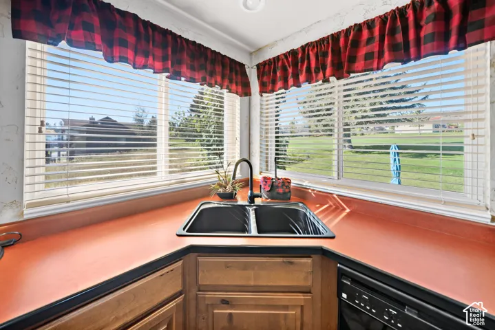 Corner kitchen sink with dual basins, black faucet, and a rust-toned countertop