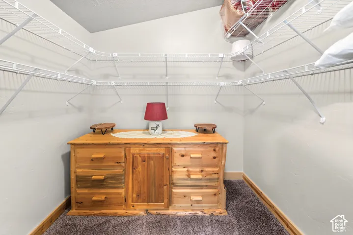Walk-in closet with wire shelving system and sloped ceiling