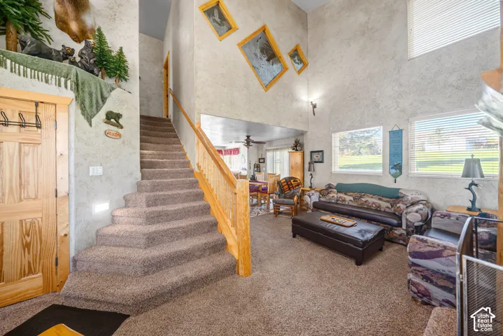 Two-story living area with high ceilings, multiple windows, and a carpeted staircase with wood railing