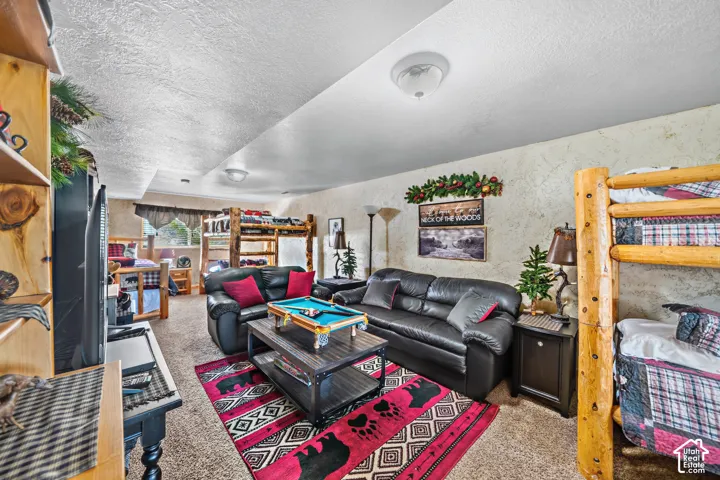 Carpeted recreation room featuring textured walls, overhead lighting, and built-in bunk beds