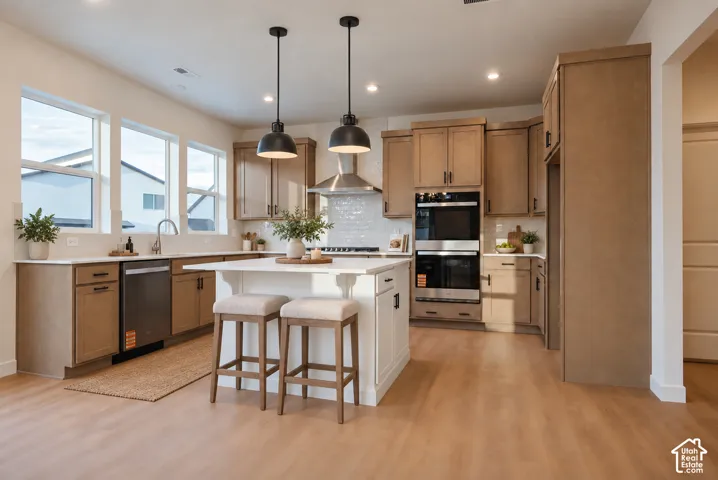 Modern kitchen featuring wood-finish flooring, white countertops, built-in stainless steel double ovens, a stainless steel dishwasher, and suspended pendant lighting