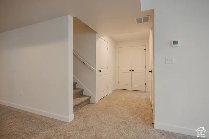 Carpeted stairway with a white handrail, leading to a carpeted hallway with painted bi-fold doors