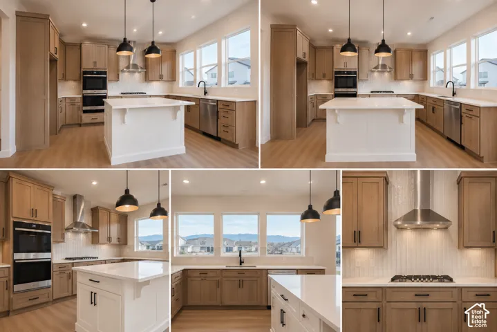 Modern kitchen featuring wood-finish cabinetry, a central island with a white countertop, stainless steel appliances, and large windows