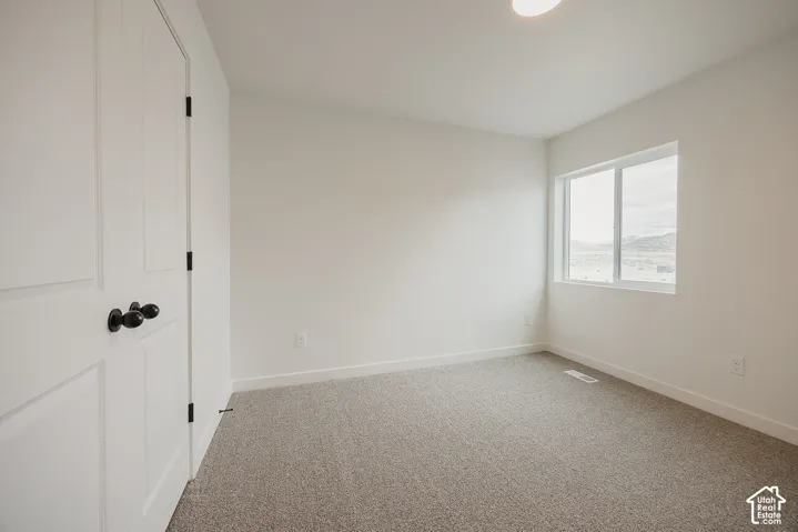 Light-colored carpeting, white wall finishes, white trim, and a double-pane window