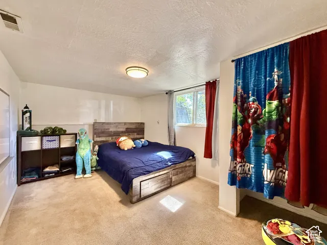 Neutral tone wall paint, carpet flooring, a single window, and a built-in recessed wall space