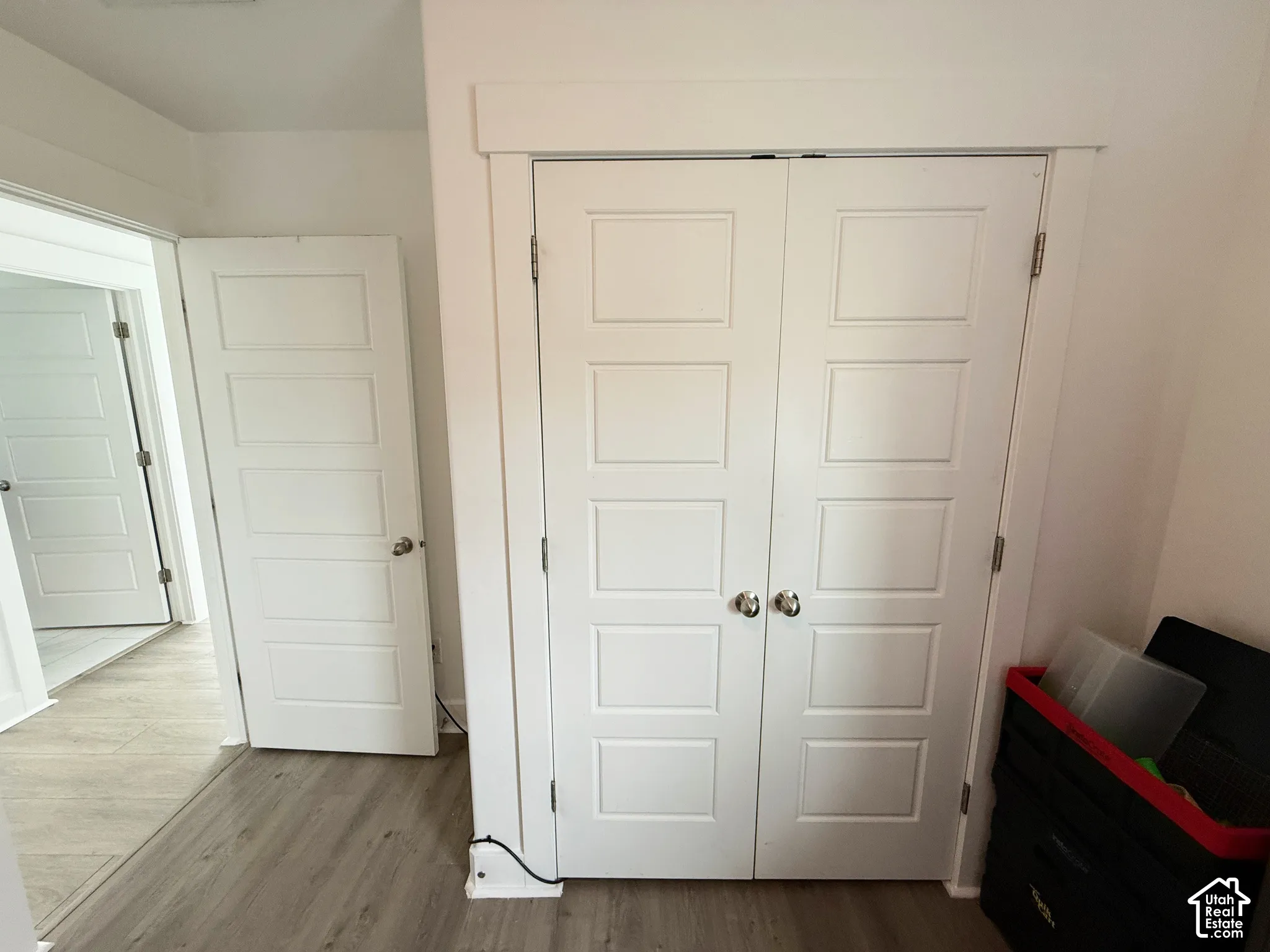 White paneled doors with brushed nickel hardware