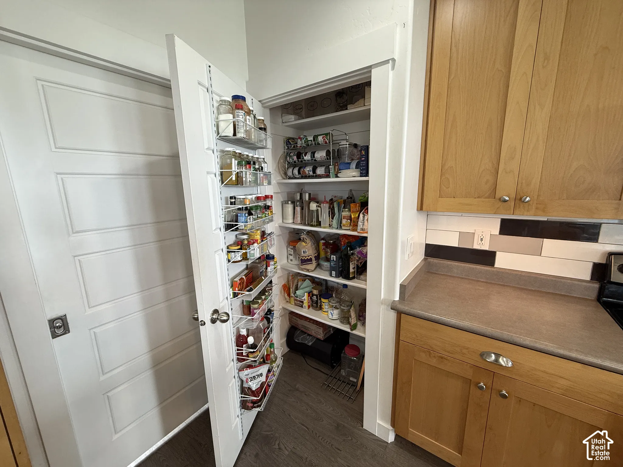 Built-in pantry shelving with a door-mounted spice rack, wood-finish flooring, light wood cabinetry, and a multi-tone backsplash