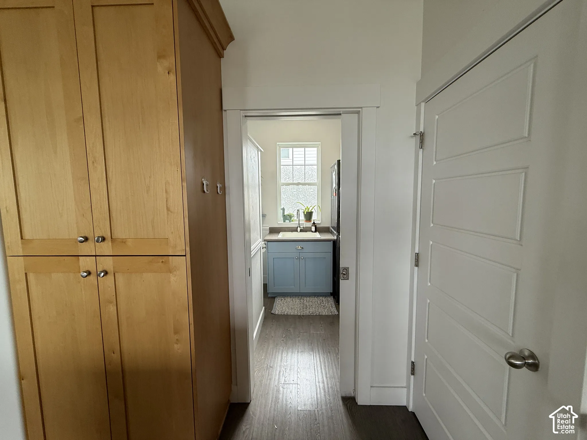 Built-in wood-finish cabinetry, five-panel interior door, and wood-finish flooring