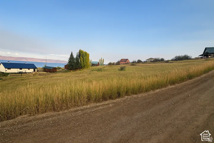 Expansive land featuring a gravel road, mature trees, and distant water