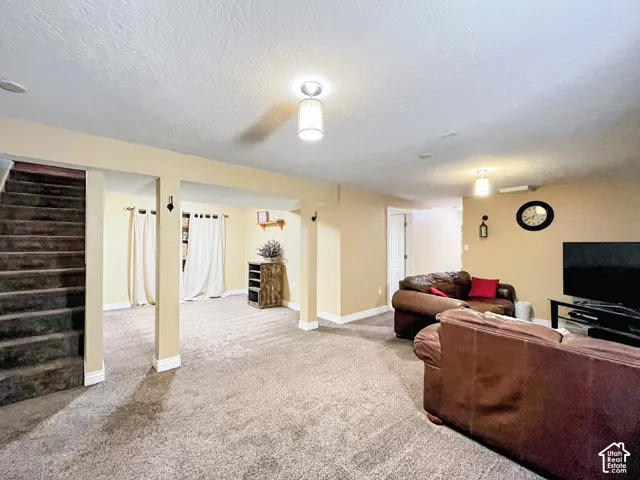 Expansive carpeted area with recessed lighting and a white paneled door