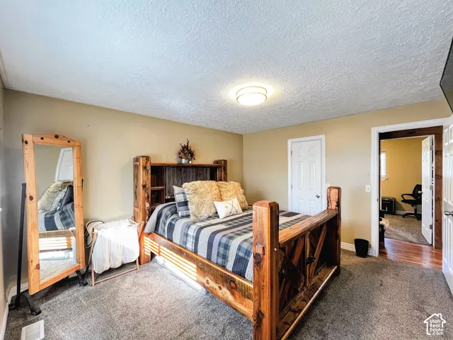 Neutral wall color, ceiling-mounted light fixture, white interior door, and carpeted flooring