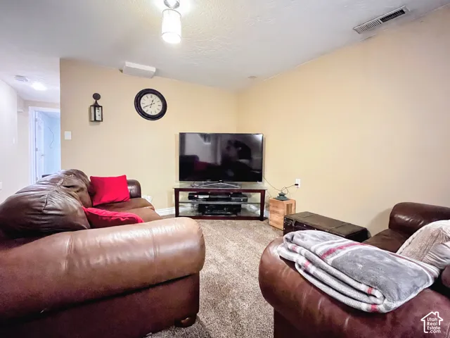 Carpeted living area featuring a ceiling-mounted light fixture