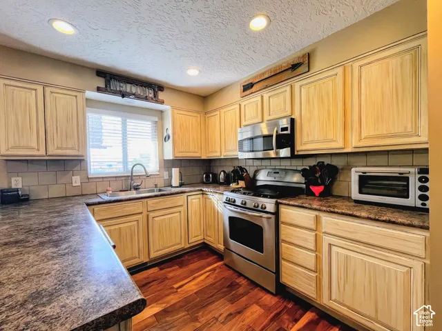 Kitchen featuring wood-finish flooring, light-toned cabinetry, stainless steel appliances, a tile backsplash, and recessed lighting