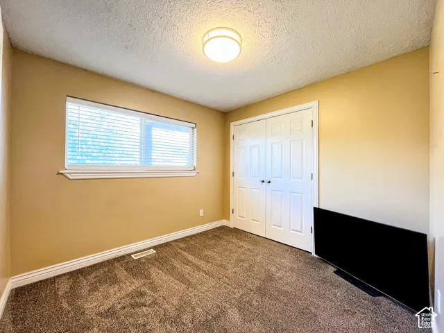 Warm-toned wall paint, textured ceiling, flush-mount ceiling light, white window blinds, and paneled bifold doors