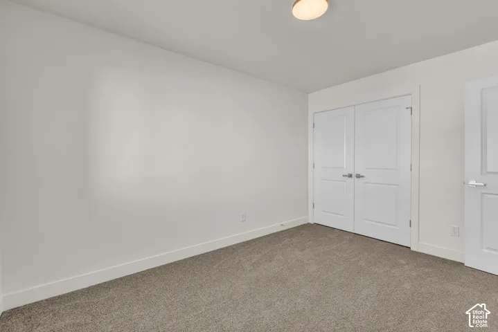 Neutral wall finishes, recessed ceiling light, paneled double doors with polished hardware, and carpet flooring