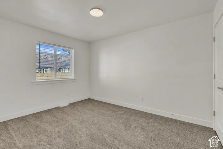 Neutral wall finishes with carpet flooring, a single window, and a flush mount ceiling light fixture