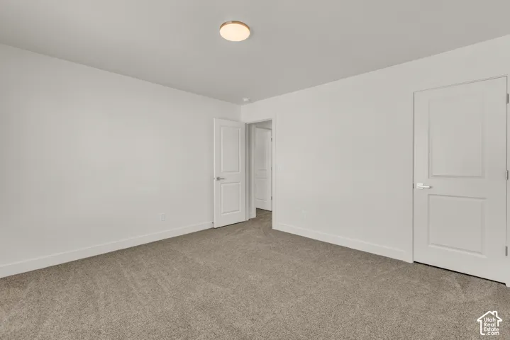 Neutral-toned wall-to-wall carpeting, white painted walls, and a contemporary ceiling light fixture
